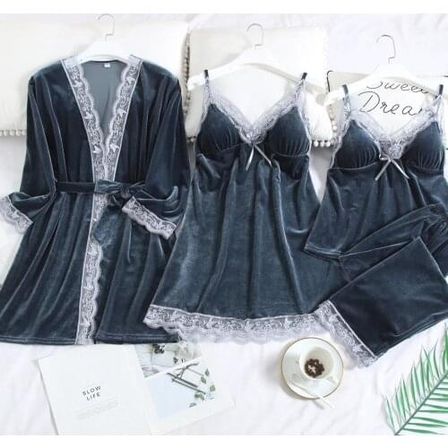 Lady Sexy Kimono Bathrobe Gown 4PCS Robe Suit Gold Velvet Sleepwear Nightgown Soft Velour Nightdress Sexy Intimate Lingerie
