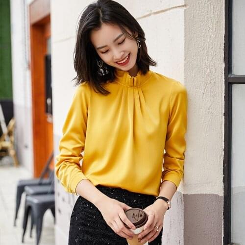 IZICFLY Autumn Spring New Yellow Tops For Women Full Sleeves Fashion Stand Korean Style Shirt Office Business Blouse Plus Size