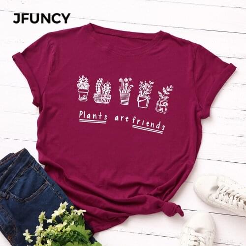 JFUNCY Plus Size Summer Womens T-shirts Short Sleeve Loose Female Tee Top 100% Cotton T Shirt Creative Print Woman Tshirt