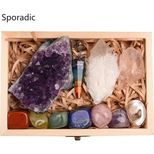 11pcs Natural Amethyst Cluster Quartz Crystal Mineral Specimen Healing Stones Rough Ore Seven chakras therapy stone wooden gift