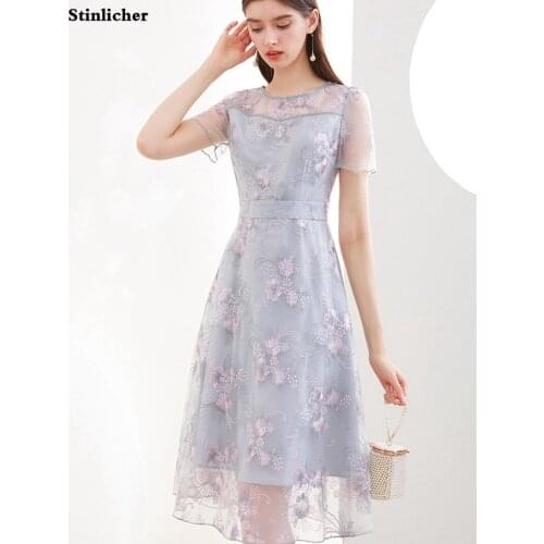 Summer Women Flower Embroidery Mesh Dress Elegant Slim Long Party Dress Fashion Office Ladies Work Dress Robe