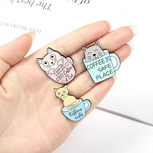 Cute Coffee Cat Enamel Pins Coffee is safe place Brooches Backpacks Animal Badges for Coffee lovers Friends Jewelry Wholesale