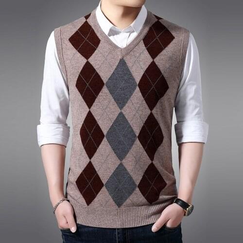 Man Luxury Plaid Jumper Patchwork Colors Wool Sleeveless Sweater Causal Male Knit Clothing V-Neck Cashmere Vest Pullovers