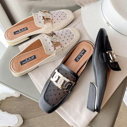 2021 Crystal Metal chain air mesh mules women slippers summer sandals ladies shoes square toe breathable plating heels slides