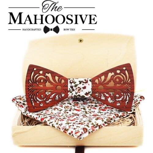 MAHOOSIVE Man Wooden Bow Tie Set for Wedding Suit Wood Bowties Handkerchief pocket square Set Gravatas Slim Shirt Ties for men
