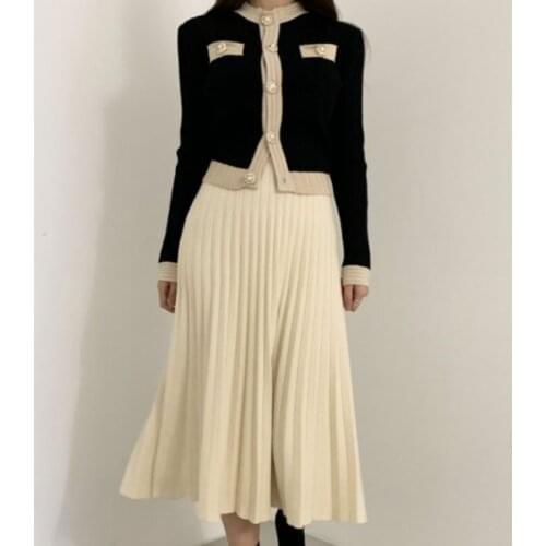 Office Ladies Single Breasted Pearl Buttons Cardigan Sweater+Pleated Long Skirt Suit 2020 Spring Autumn Knitted 2 Piece Set