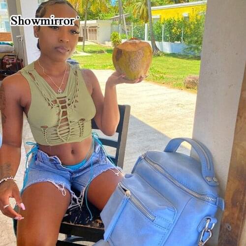 Showmirror Y2k Green Lace Up Hollow Out Tank Top Vest Women Sexy Skinny Bandage Crop Tops 2021 Summer New Fashion Streetwear