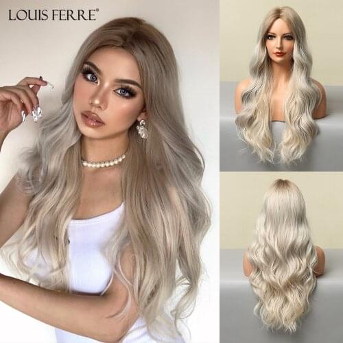 LOUIS FERRE Synthetic Ombre Light Blonde Wigs for Women Long Natural Wave Middle Part Platinum Wigs Cosplay Heat Resistant Fibre