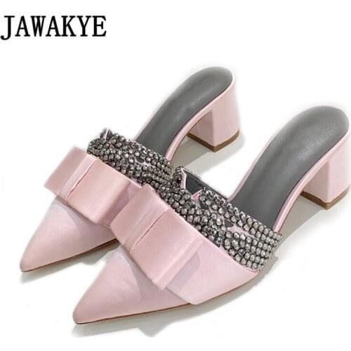 Pink Satin Chunky Heel Women Slides Bowknot Crystal Party Wedding Shoes Rhinestone Slippers Pointy Closed Toe Half Mules Autumn
