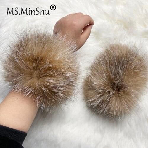 MS.Minshu Hand Knitted Women Natural Fox Fur Cuffs Winter Arm Warmer Elastic Fur Wrist