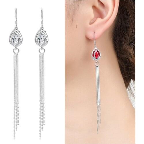 Vintage Crystal Tulip Tassel Earrings For Women Jewelry Fashion Lady 925 Sterling Silver Earring Girls Ear Piercing Accessories