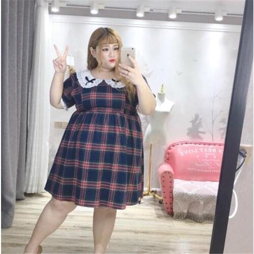 Sweet Loli Chubby Girl Fashion Large 5XL Plus Size Short Sleeve Kawaii Dresses Womens Summer Lolita Plaid Pattern Lace Dress