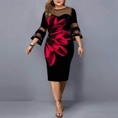 Plus Size Summer Womens Dress 2021 Elegant Mesh Bodycon Floral Print Party Dress Club Night Outfits Black 2021 Dresses 5XL 6XL