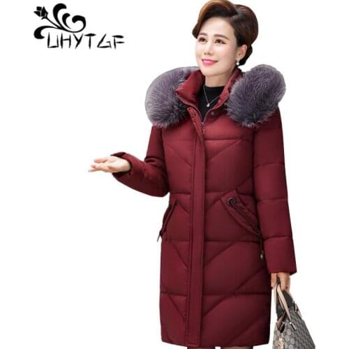 UHYTGF Fashion Thicken Female Down Cotton Coat Winter Jacket Women Down Cotton Coat Plus Size Korean Parka Long Hooded Coat X534