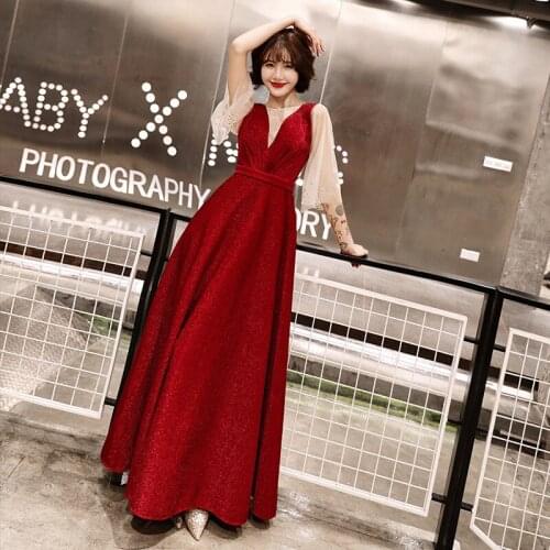 Beauty Emily Evening Dresses Elegant O-neck Three Quarter Wedding Formal Dress Royal Crystal Lace Up Wine Red Long Party Gown