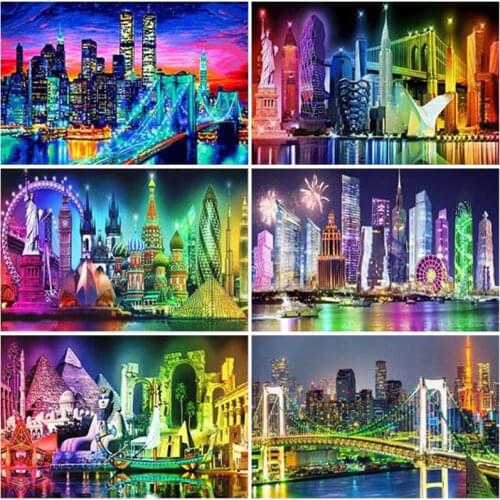 5D Diamond Painting City Night Scenery Full Drill Round Square Bridge Diamond Embroidery Landscape Rhinestone Mosaic Home Decor