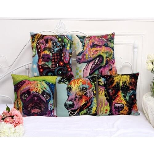 Color Dog Painting Cushion Cover Cotton Linen Decorative Pillowcase Chair Seat Square45x45cm Pillow Cover Home Living Textile
