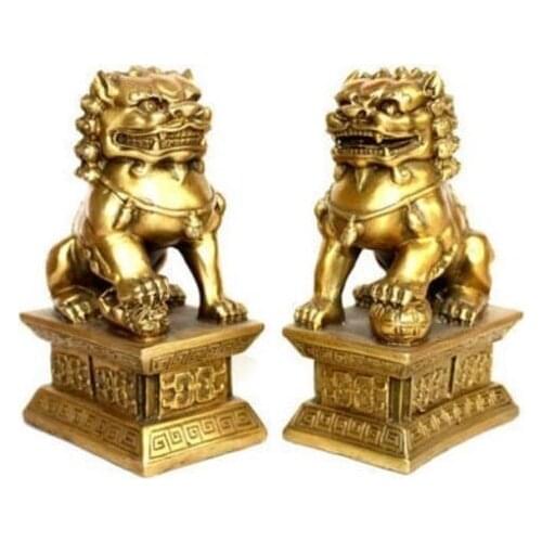 ARTS CRAFTS COPPER A PAIR OF ELABORATE CHINESE ANTIQUE IMITATION BRASS FOO DOG LIONS STATUES