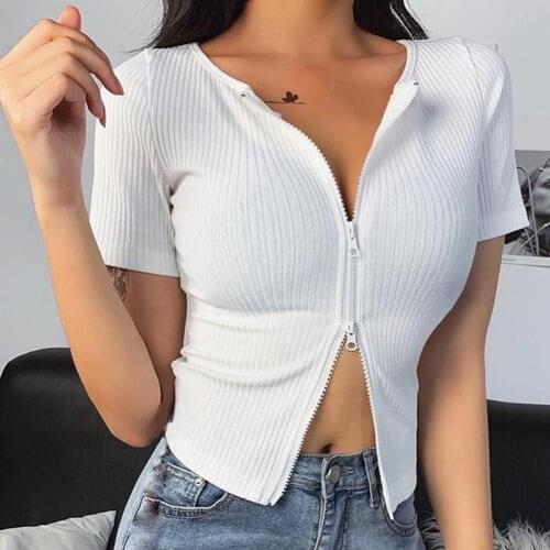 Women Sexy Short Sleeve O Neck Crop Top Ribbed Double Zip Slim Blouse