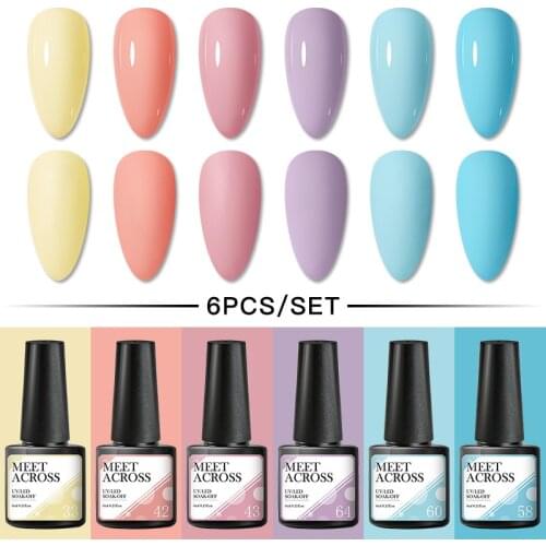 MEET ACROSS 6Pcs Glitter Nail Gel Polish Semi Permanent Hybrid Gel Nail Varnish Shiny Soak Off UV LED Nail Art Gel Base Top Coat