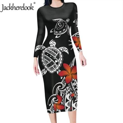 Jackherelook Hot Black Slim Dresses for Womens Samoan Polynesian Turtle Hibiscus Brand Design Long Sleeve Bodycon Party Dress