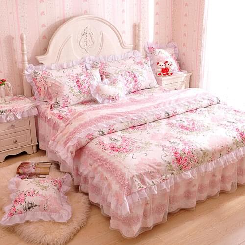 100% Cotton pink blue king queen double size girls bedding set ruffles korean bed set lace bed skirt set princess duvet cover