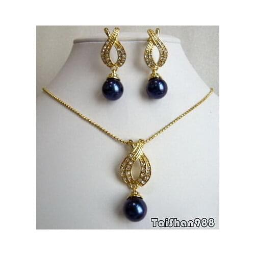 Cosplay Free deliver Nobility Lucky Women Black Shell Pearl KGP Crystal Pendant Necklace Earrings Set