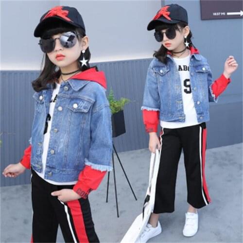 Girls suit spring new 2018 new products big children Korean version of denim jacket wide leg pants two sets of tide