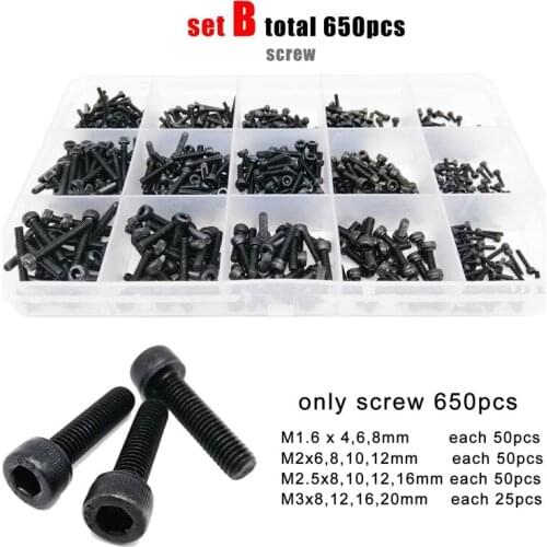 M1.6 M2 M3 M4 M5 Black Grade 12.9 Steel Hex Socket Cap Head Screw Bolt Nut Washer Set Assortment Kit Box