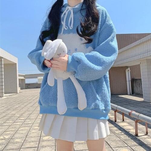 Kawaii Lambswool Bear Embroidery Print Hoodies Women Sweatshirt Japanese Sweet Winter Plus Velvet Padded Sweatshirt Cute Hoodies