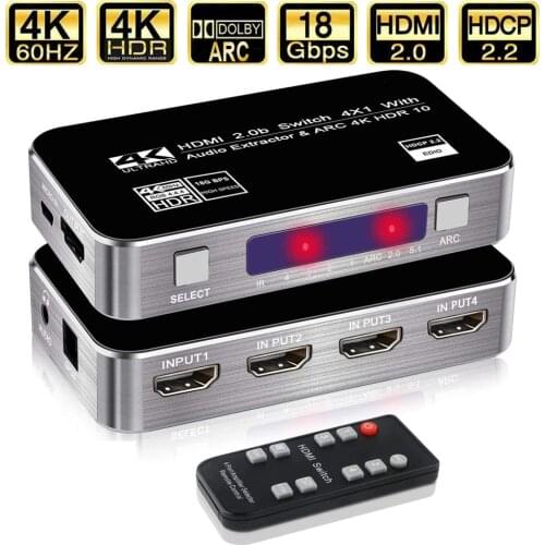 Mini 4x1 4K HDMI Switch Audio Extractor With ARC & Optical Toslink HDMI 2.0 Switch 4K 60Hz HDMI Switcher Remote For Apple TV PS4