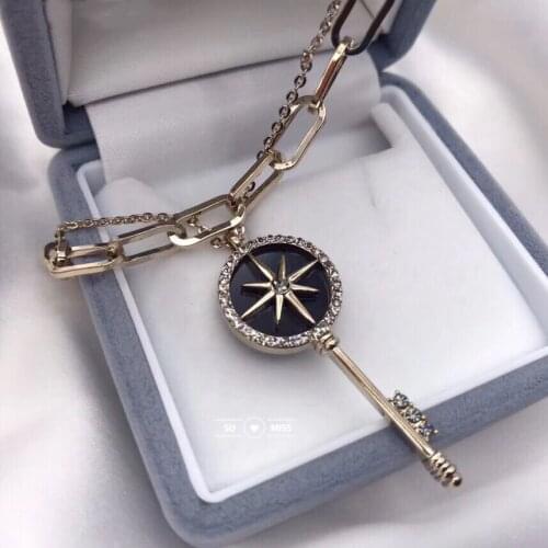 Fashion Rhinestone Key Pendant Double Layer Chain Clavicle Necklaces For Women Lovers Valentines Day Gift Card Jewelry