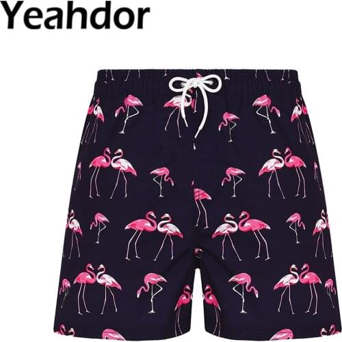 2021 Man Summer Beach Shorts Breathable Elastic Waistband with Drawstring Allover Flamingo Print Swimming Shorts Casual Bottom