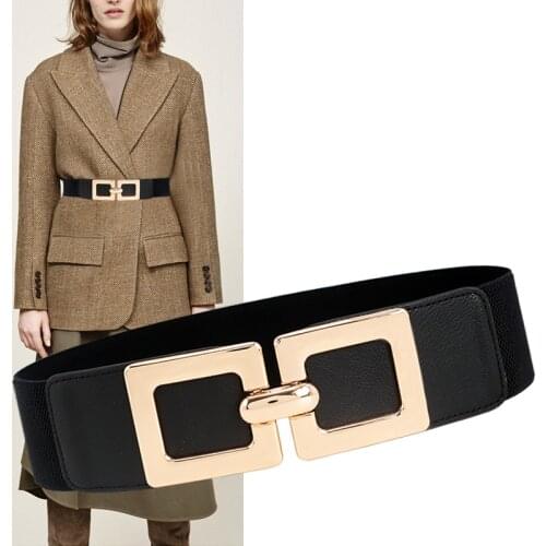 New Black Waist Corset Belts For Women Gold Big Alloy Square Buckle Waistbands Elastic Wide Cummerbund Dress Coat Cinturon Mujer