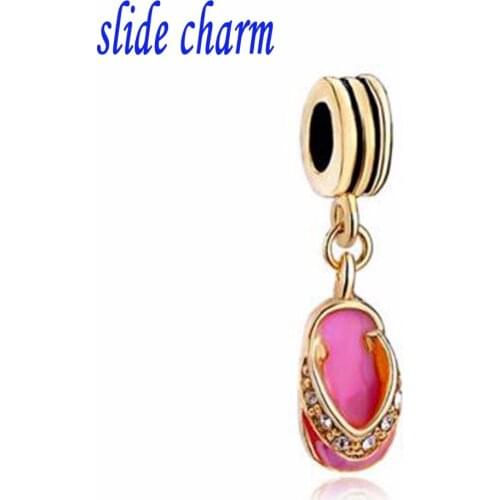 Slide charm wholesale Free shipping Plated Gold Pink Slipper Sandal Charm Bracelet Spacers Dangle fit Pandora bracelet