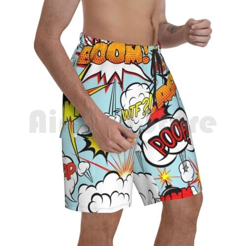 Pop Art Comic Speech Bubbles Beach Shorts Men Beach Pants Swimwear Retro Comic Boom Bomb Blue Green Yellow Comics