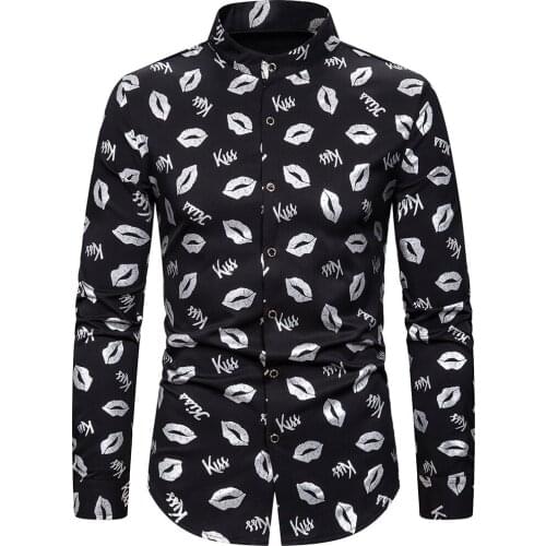 Shirt Men clother Long Sleeve Mouth Print Men Dress Shirts autumm New Casual Hawaii Male Shirt camisa masculina Plus Size S-2XL