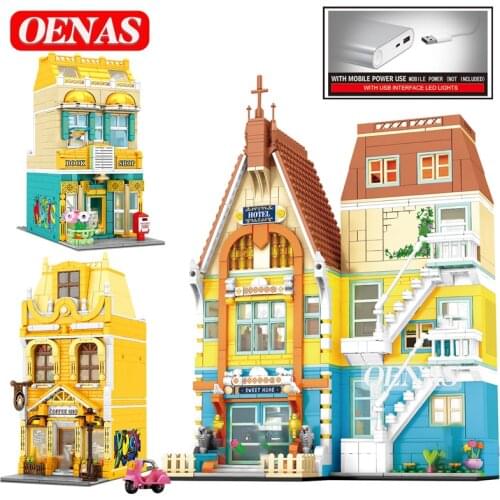 SEMBO MOC City Street View Building Blocks Teens Toys With Light Book Coffee Shop House Large Model For Kids Boys Birthday Gift