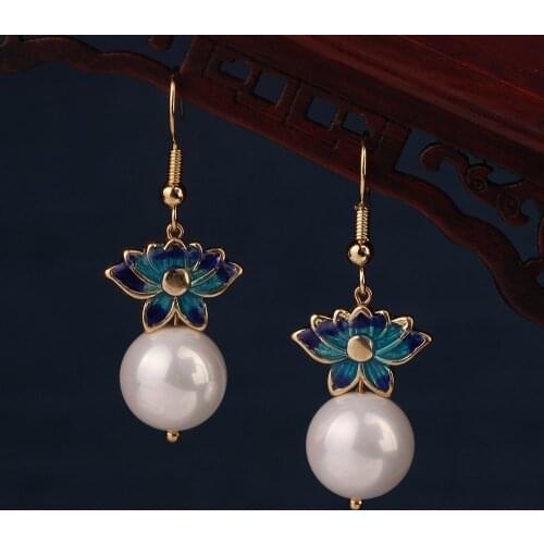 Original design pearl cloisonne flower earrings retro fashion earrings spring and summer new jewelry for women