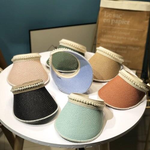 Womens Summer Hat Sun Visor Empty Top Wide Brim Hat Sun Protection Cap Female Sun Hats Pearl Weaving Girl Beach Hat Straw Hat