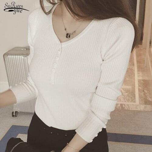 Slim V-neck Knitted Pullover Fashion Sweater Women 2021 New Autumn and Winter Clothes Long Sleeve Bottoming Shirt Women 16290