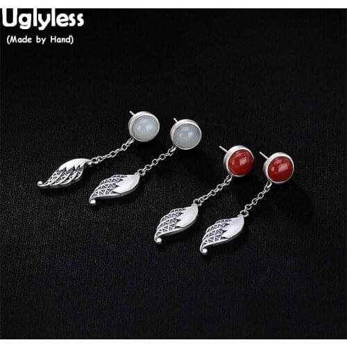 Uglyless Simple Ethnic Thai Silver Leaves Fine Jewelry Handmade Real Solid 925 Silver Fine Jewelry Natural Jade Agate Earrings