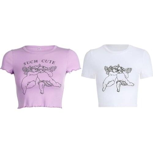 Women Summer Short Sleeve T-Shirt Cute Angel Print Harajuku Cotton Slim Crop Top A0NF