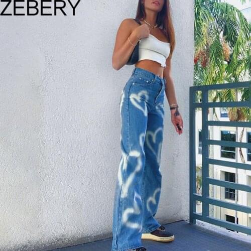 ZEBERY Vintage Heart Printed Y2K Baggy Jeans Women High Waist Harajuku Aesthetic Mom Jeans Denim Streetwear 90s Trousers