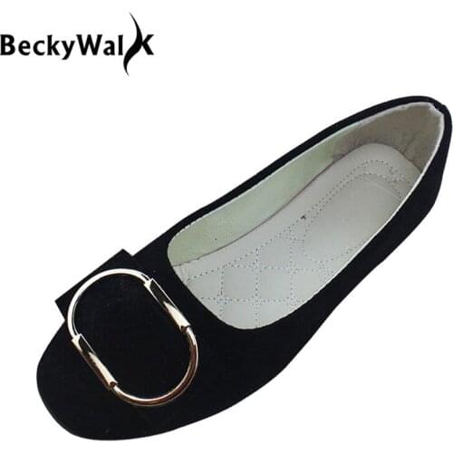 New Fashion Square Toe Flock Women Flats Shallow Mouth Slip On Spring Autumn Women Shoes Metal Ring Single Shoes Woman WSH2443