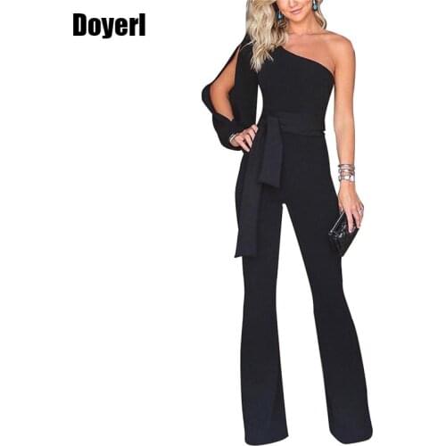 Party Sexy Rompers Womens Jumpsuit Long Sleeve Split One Shoulder Overalls Elegant Evening Wear Black Formal Jumpsuits Sashes