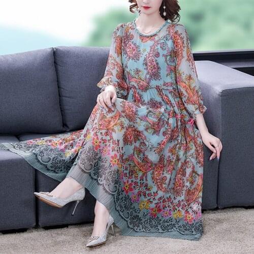 Women Boho Floral Mulberry Silk Maxi Dress Summer Vintage Casual 4XL Plus Size Chiffon Dress 2021 Elegant Bodycon Party Vestidos