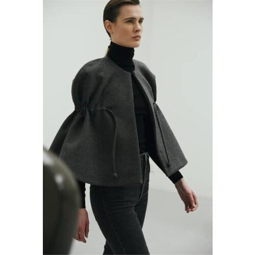 Minimalist Grey Wool-Blend Sillhoutte Ruffle Cape Poncho Elegant Elastic Drawstring Woolen Cropped Oversized Peplum Coat Outwear