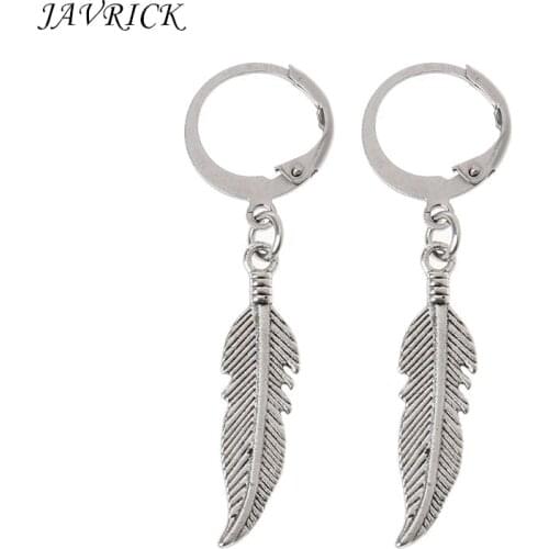 1 Pair Vintage Leaf Titanium Steel Feather Pendant Hoop Earrings Korean Jewelry Unisex