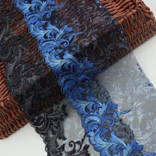 2Yds/Lot 18cm Wide Transparent Black Gazue Fluorescent Blue Wavy Style Embroidery High Quality Lace Trim For Garments,Wedding